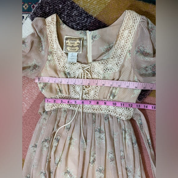 Gunne Sax Maxi Dress in a Striped Dusty Rose Pattern with Crochet Lace Trim - Picture 5 of 5